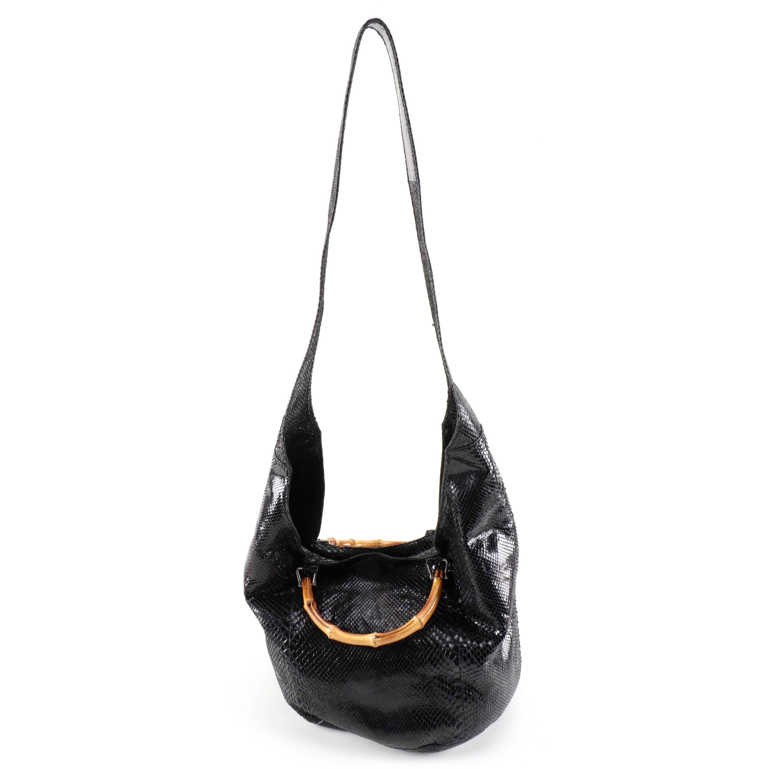 Gucci Bamboo Bucket Bag in Dyed Black Python Skin and Leather, Vintage
