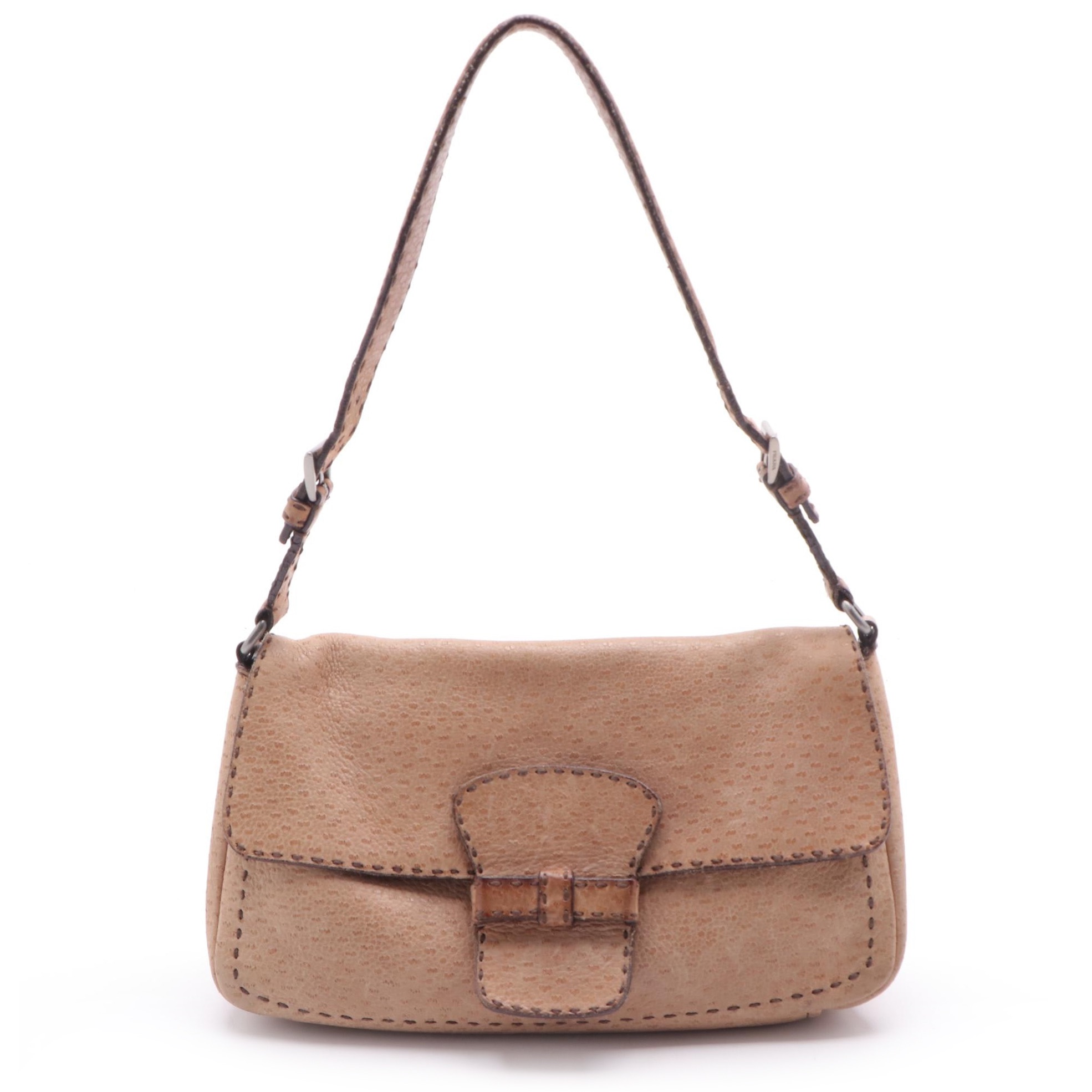 Prada Textured Leather Flap Front Shoulder Bag with Running Stitch Accents
