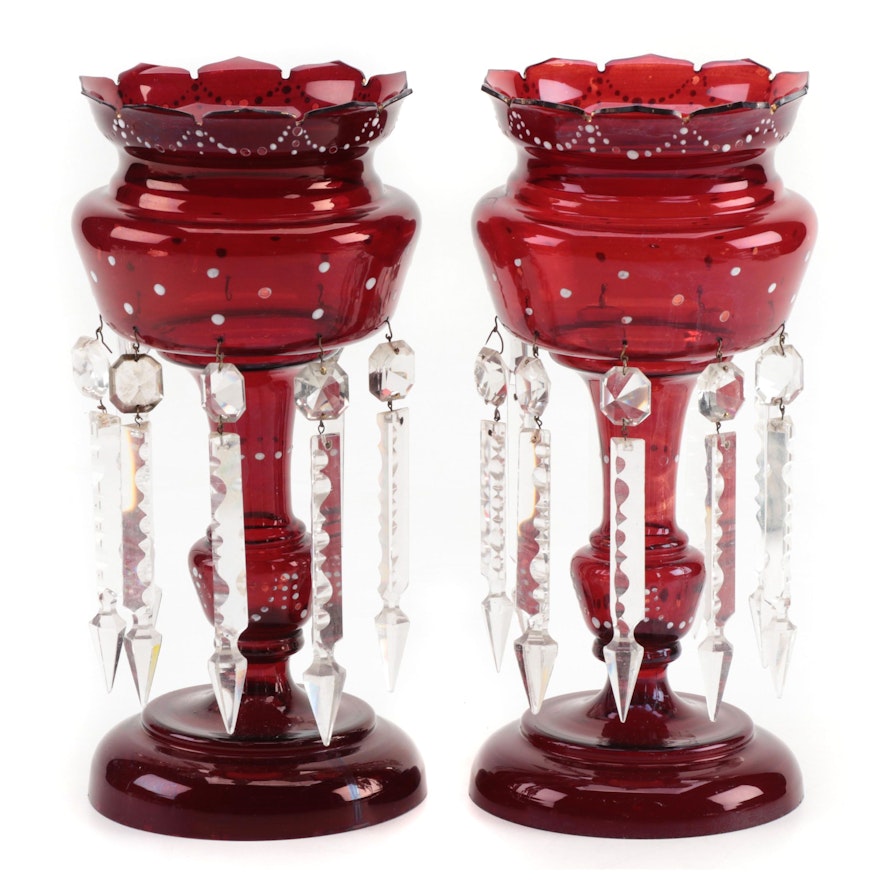 Victorian Style Enameled Ruby Glass Mantel Lusters
