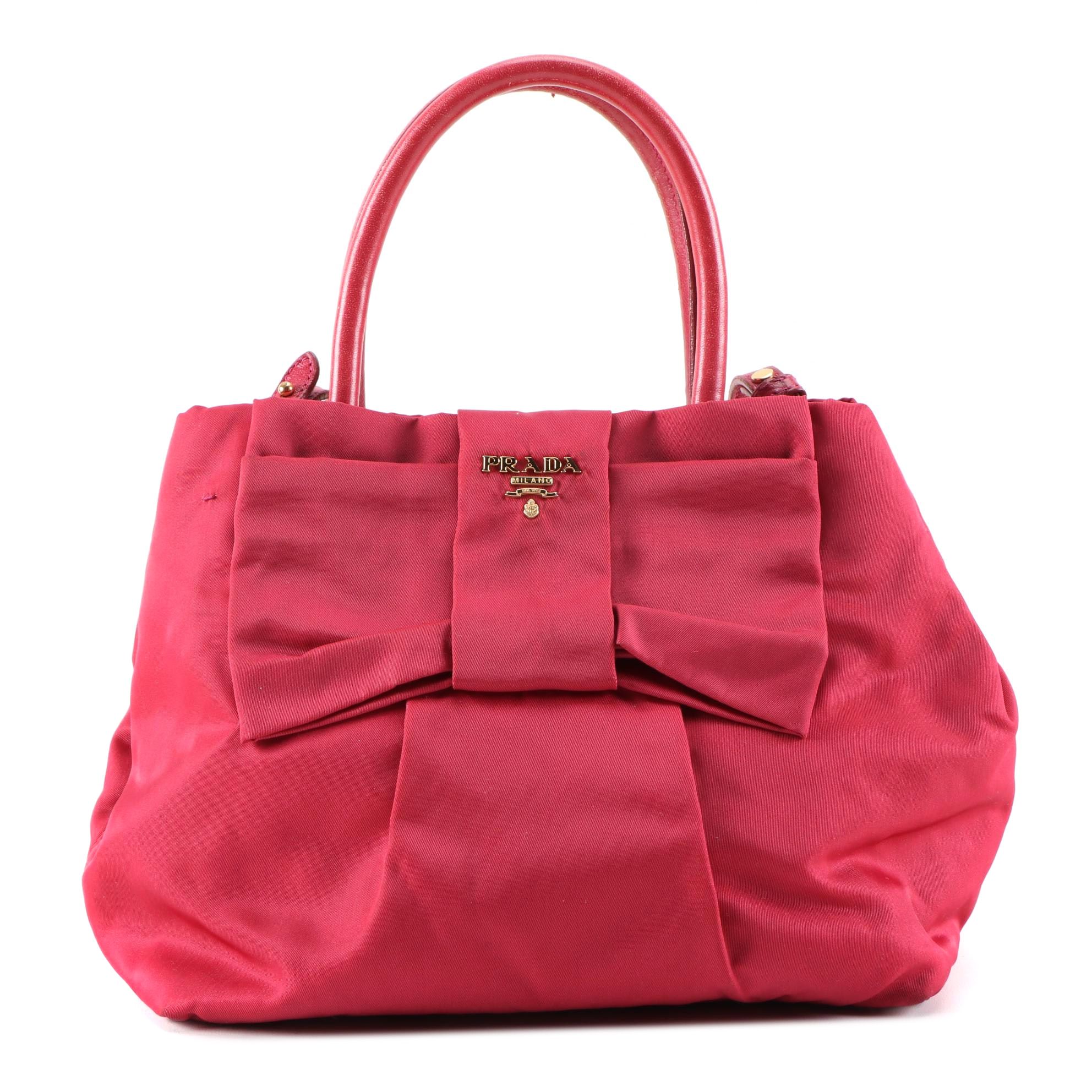 Prada Pink Tessuto Nylon Bow Handbag with Leather Trim and Shoulder Strap