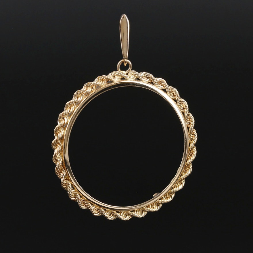 14K Yellow Gold Coin Framed Pendant with Rope Border