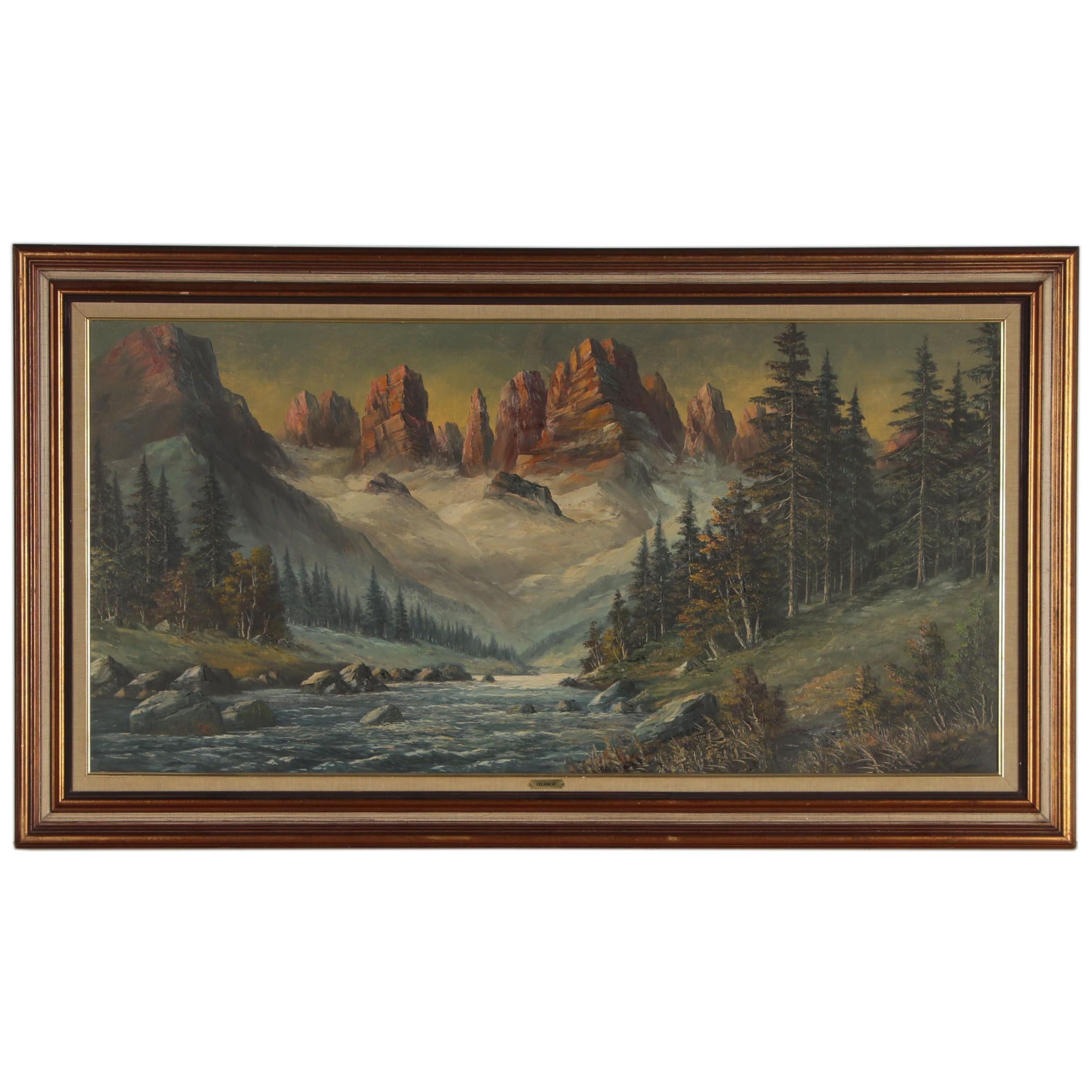 P. Olshof Oil Painting of Mountainside Landscape