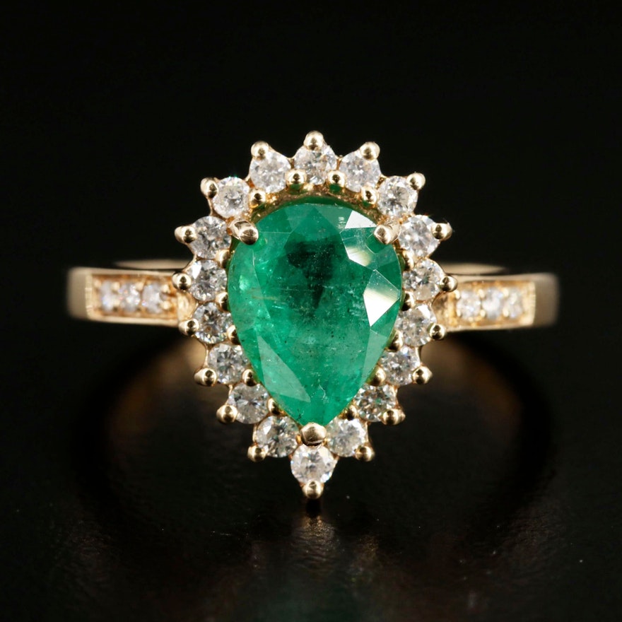 14K Yellow Gold Emerald and Diamond Teardrop Ring