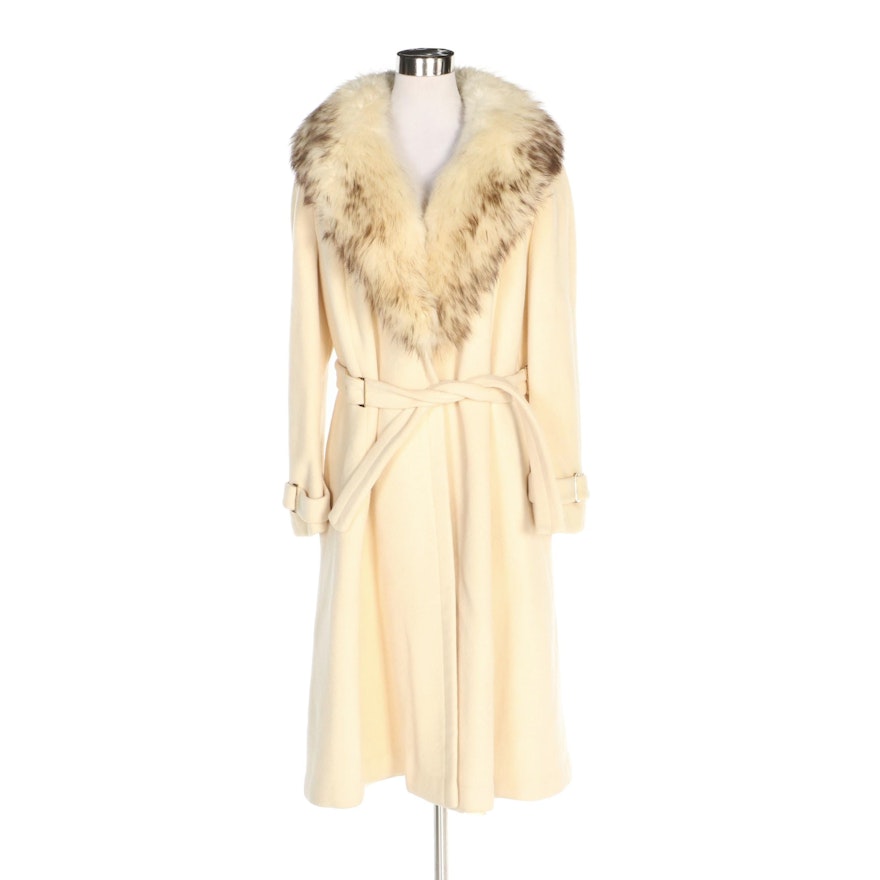 Stegari New York Wool Wrap Coat with Tie Belt and Fox Fur Shawl Collar, Vintage