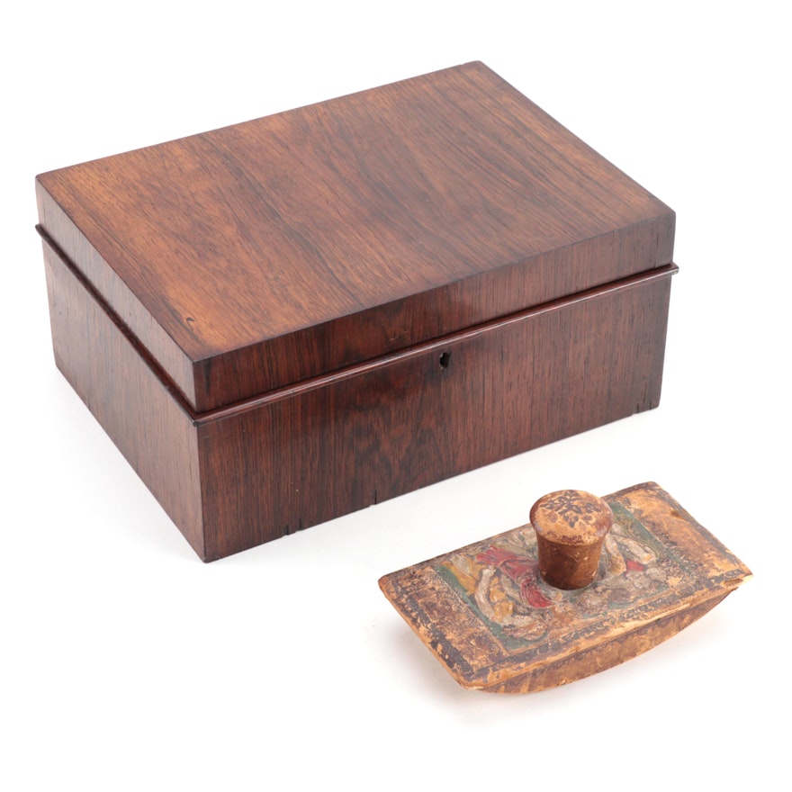 Rosewood Lock Box Plus Polychrome-Decorated and Embossed Leather Ink Blotter