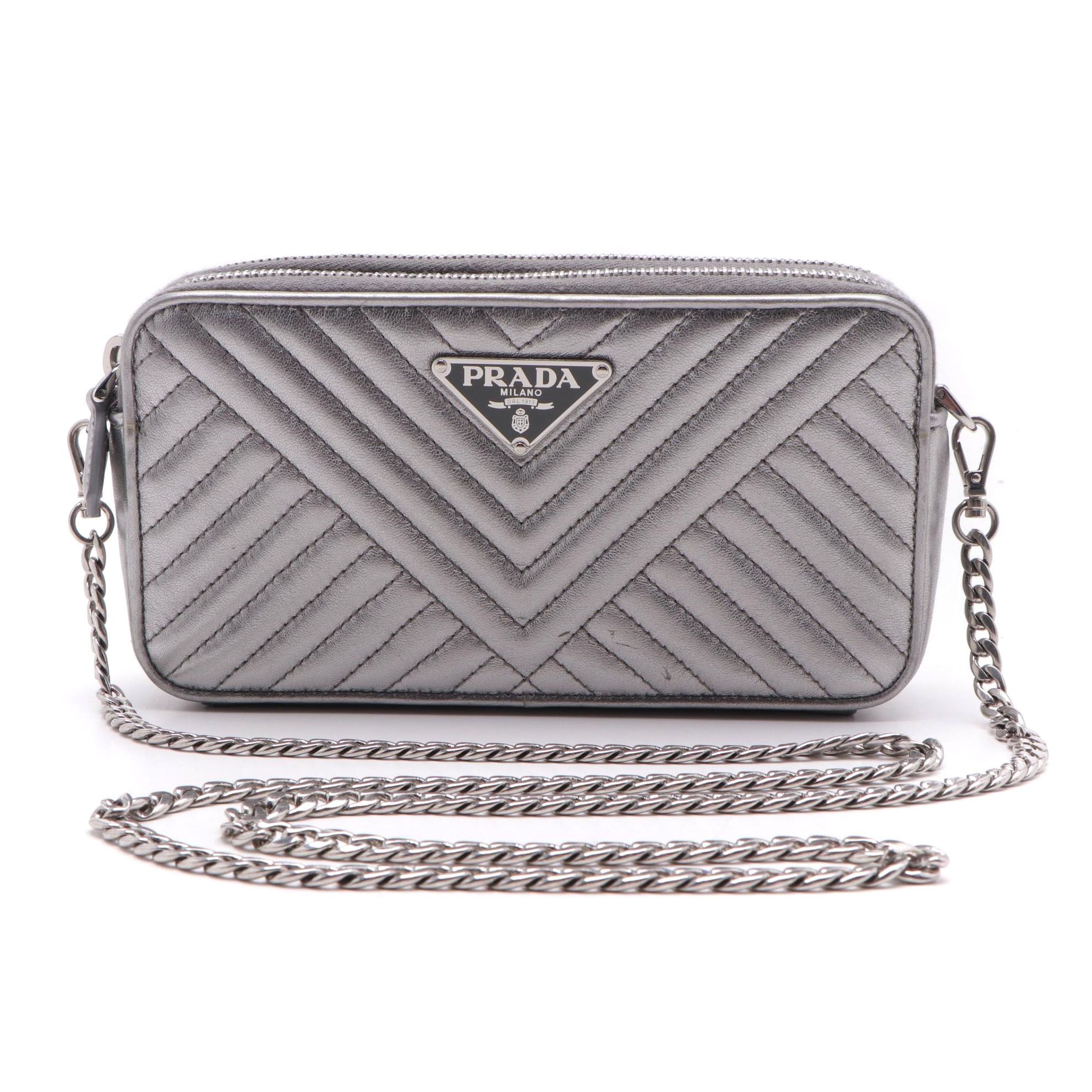 Prada Mini Crossbody in Quilted Metallic Silver Leather with Chain Strap