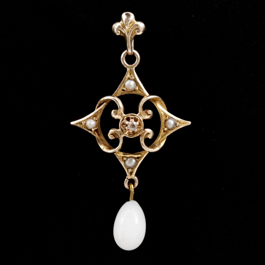 Victorian 10K Diamond, Pearl and Glass Drop Pendant