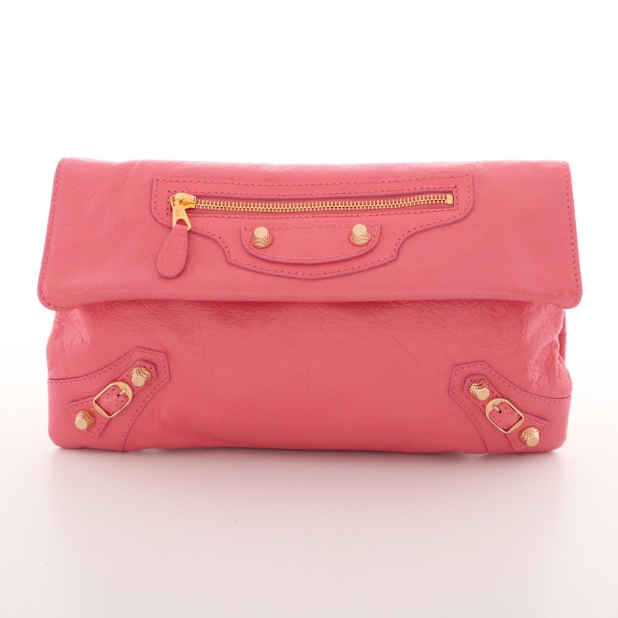 Balenciaga Pink Grained Leather Giant Studs Envelope Clutch with Shoulder Strap