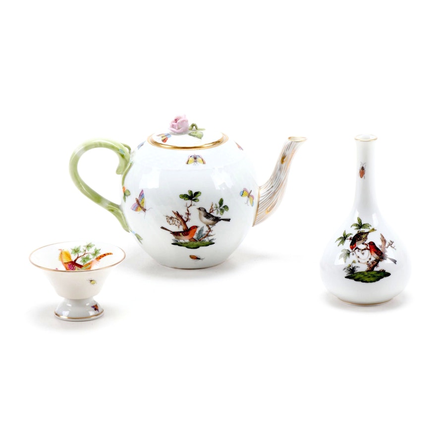 Herend "Rothschild Bird" Porcelain Teapot, Bud Vase and Pedestal Bowl