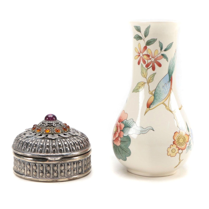 Wedgwood "Surrey" Vase with Ann Cichon Silver Plate Trinket Box