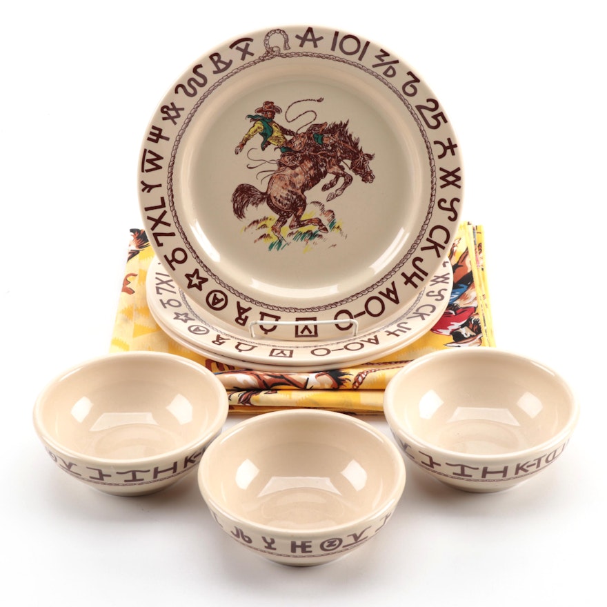 True West "Westward Ho" Plates, Bowls and Tablecloth