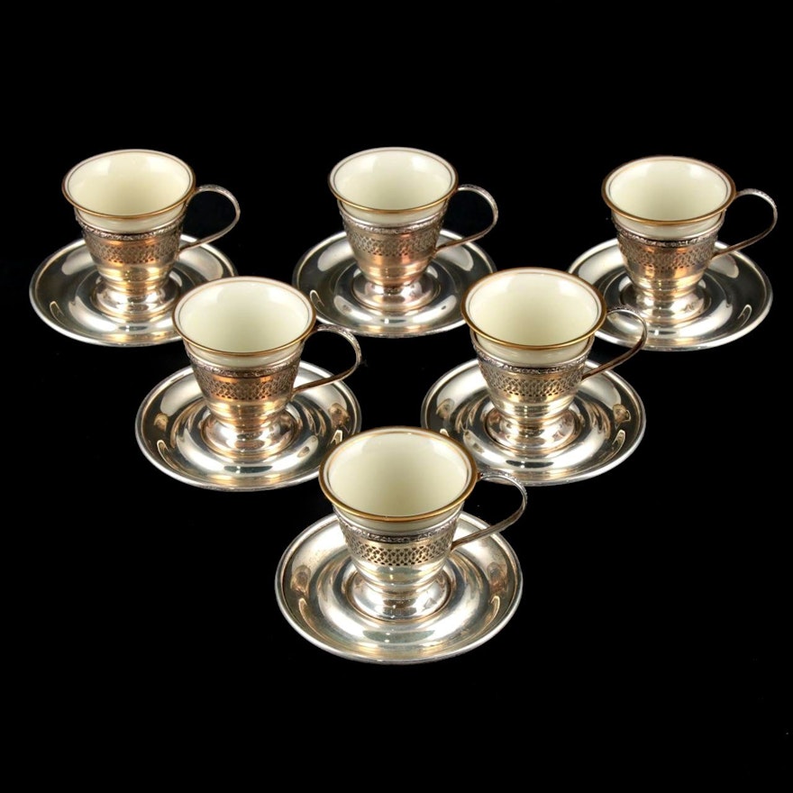 Dominick & Haff Sterling Silver Demitasse Cups and Saucers with Inserts