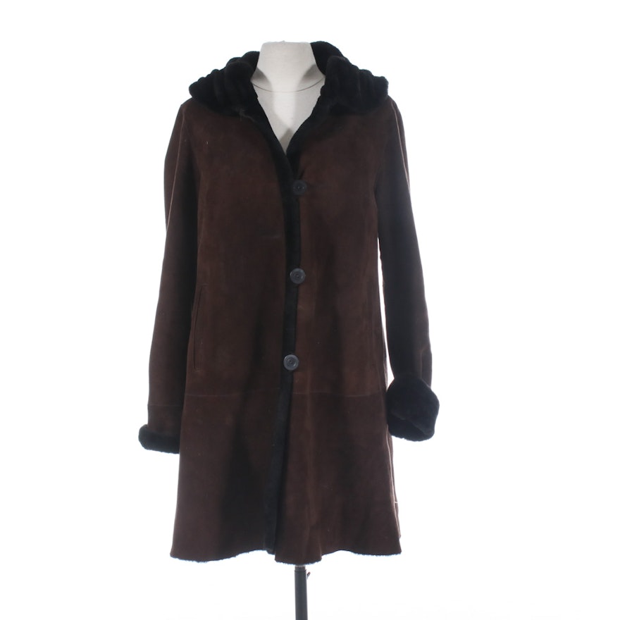 Blue Duck Brown Suede Button Front Coat with Shearling Lining