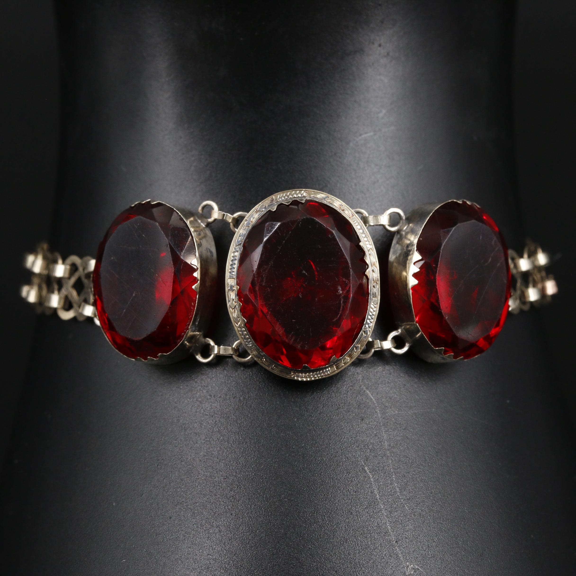 1930s 10K Yellow Gold Faceted Red Glass Bracelet