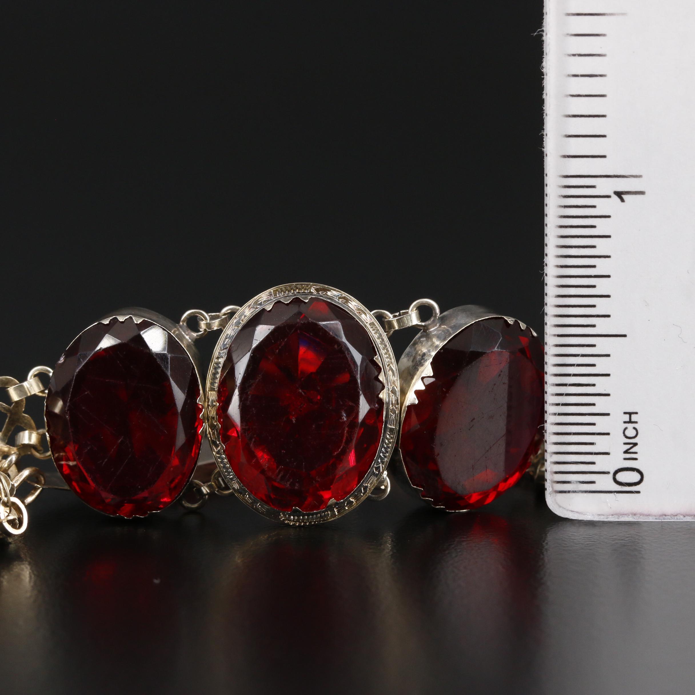 1930s 10K Yellow Gold Faceted Red Glass Bracelet