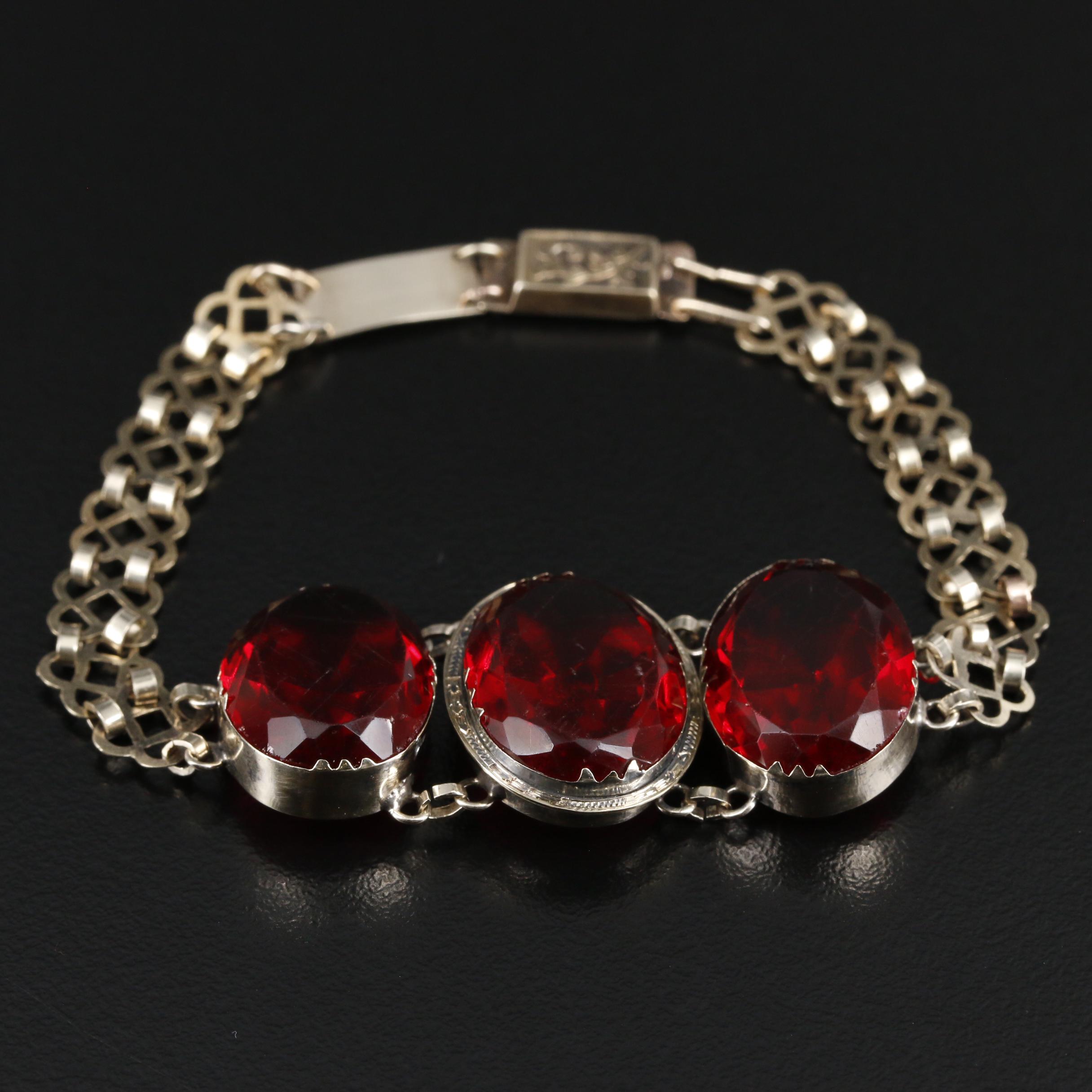 1930s 10K Yellow Gold Faceted Red Glass Bracelet