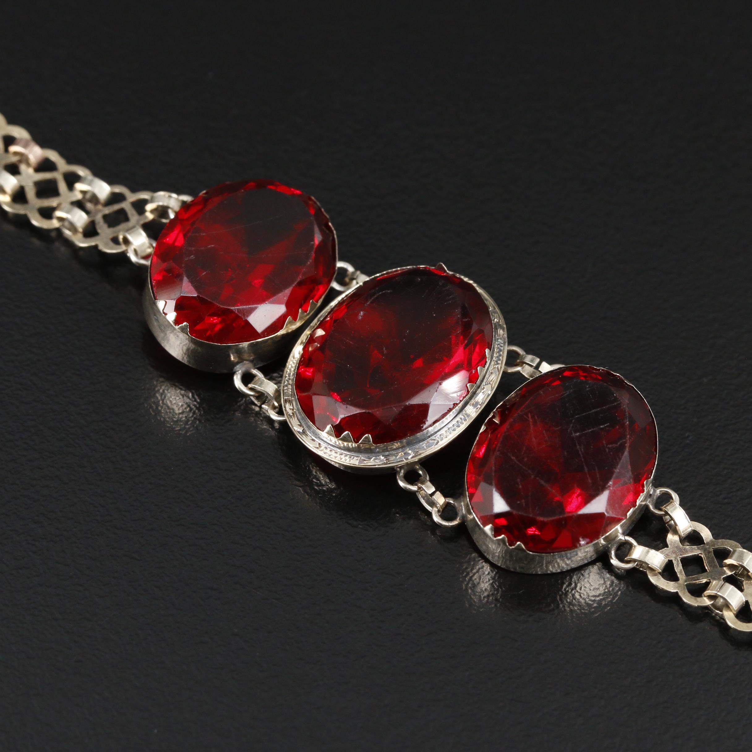 1930s 10K Yellow Gold Faceted Red Glass Bracelet