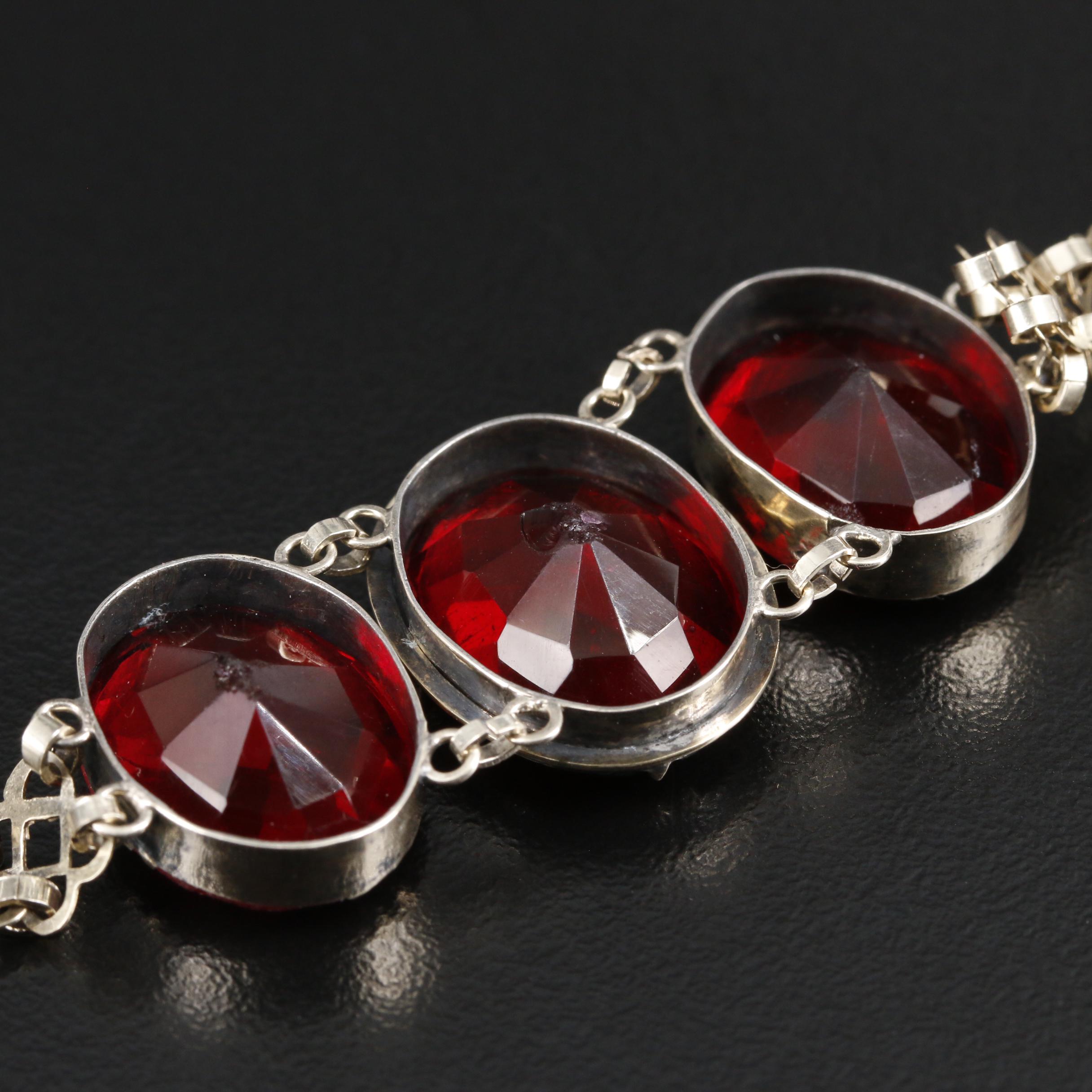 1930s 10K Yellow Gold Faceted Red Glass Bracelet