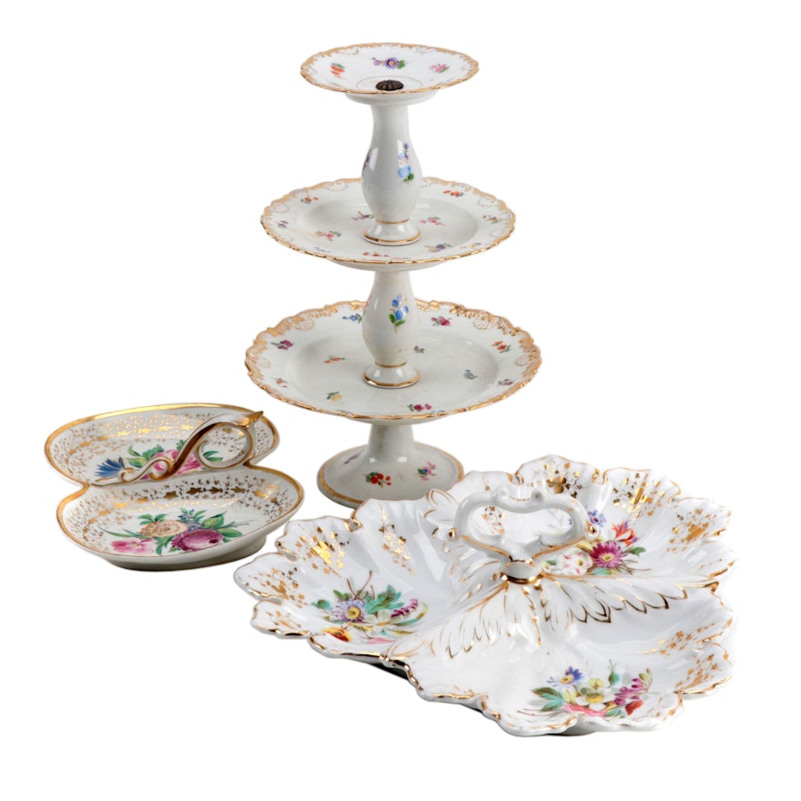 Hand-Painted Porcelain Tiered Server and Tidbit Trays, 20th Century