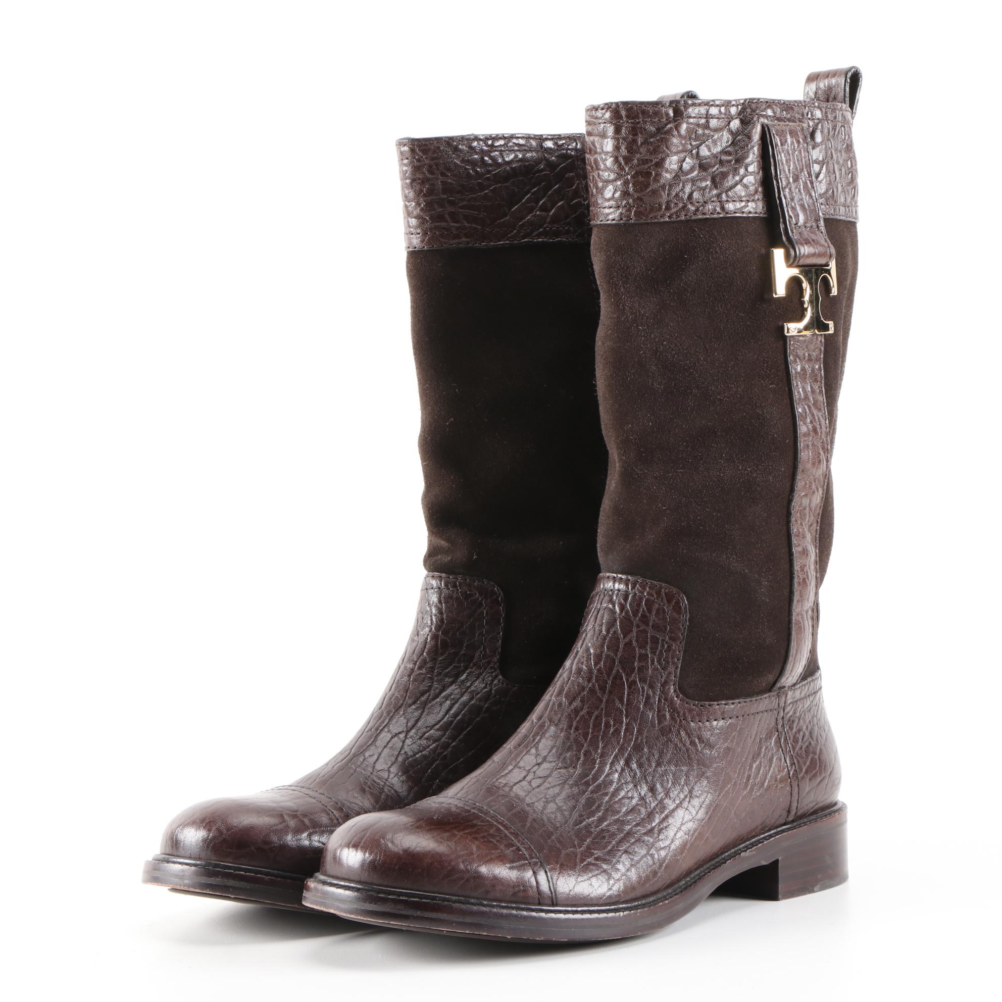 Tory Burch Brown Suede and Textured Leather Logo Boots