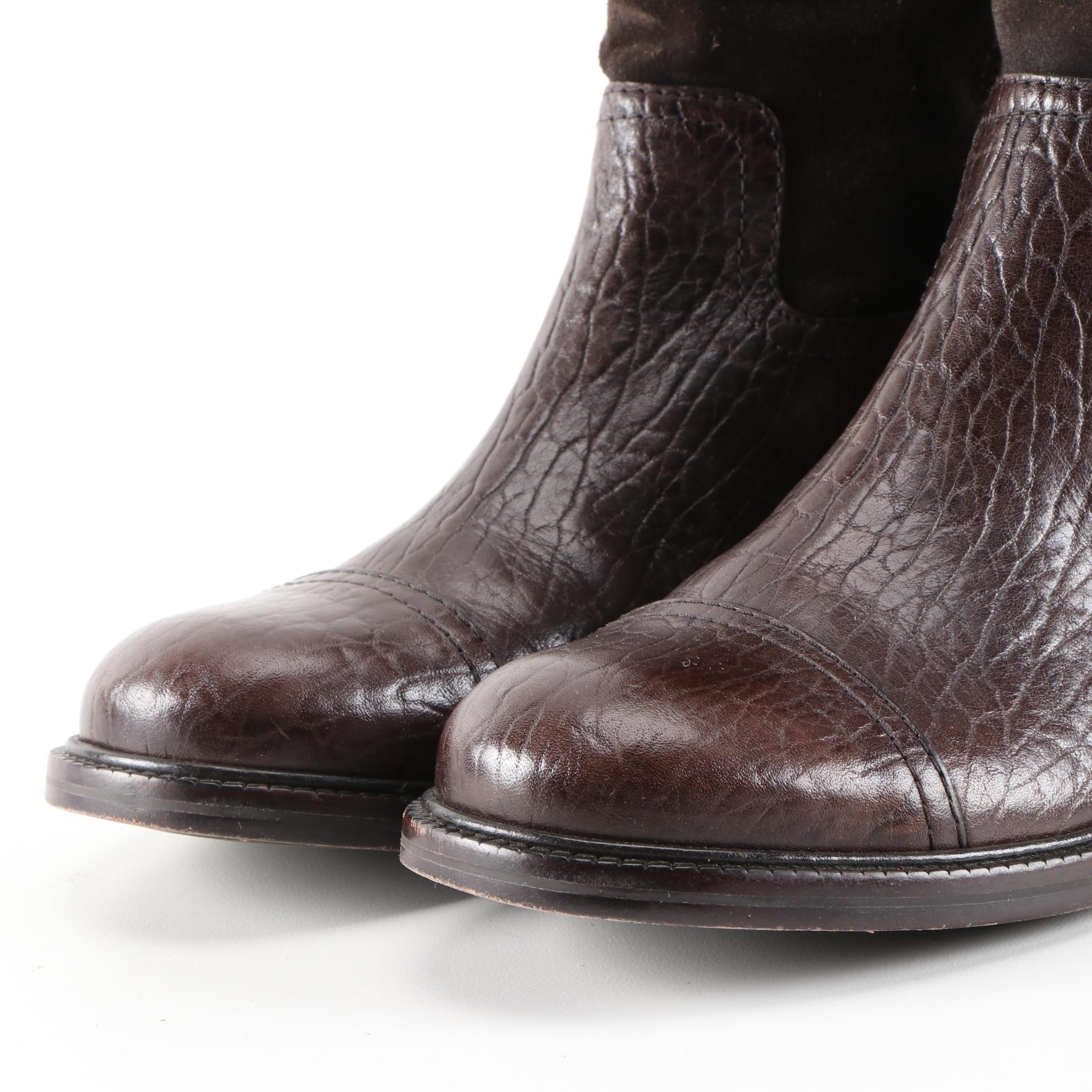 Tory Burch Brown Suede and Textured Leather Logo Boots