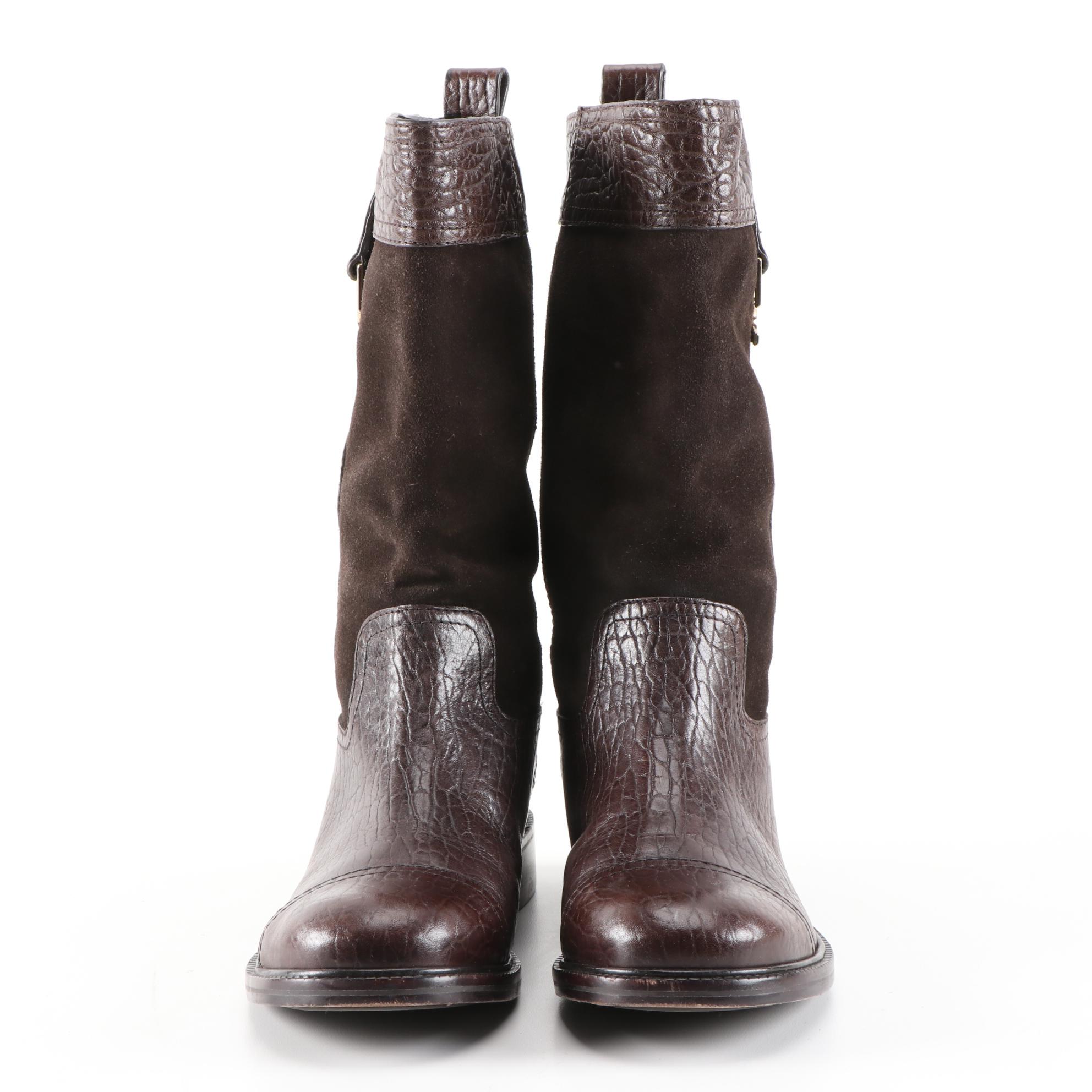 Tory Burch Brown Suede and Textured Leather Logo Boots