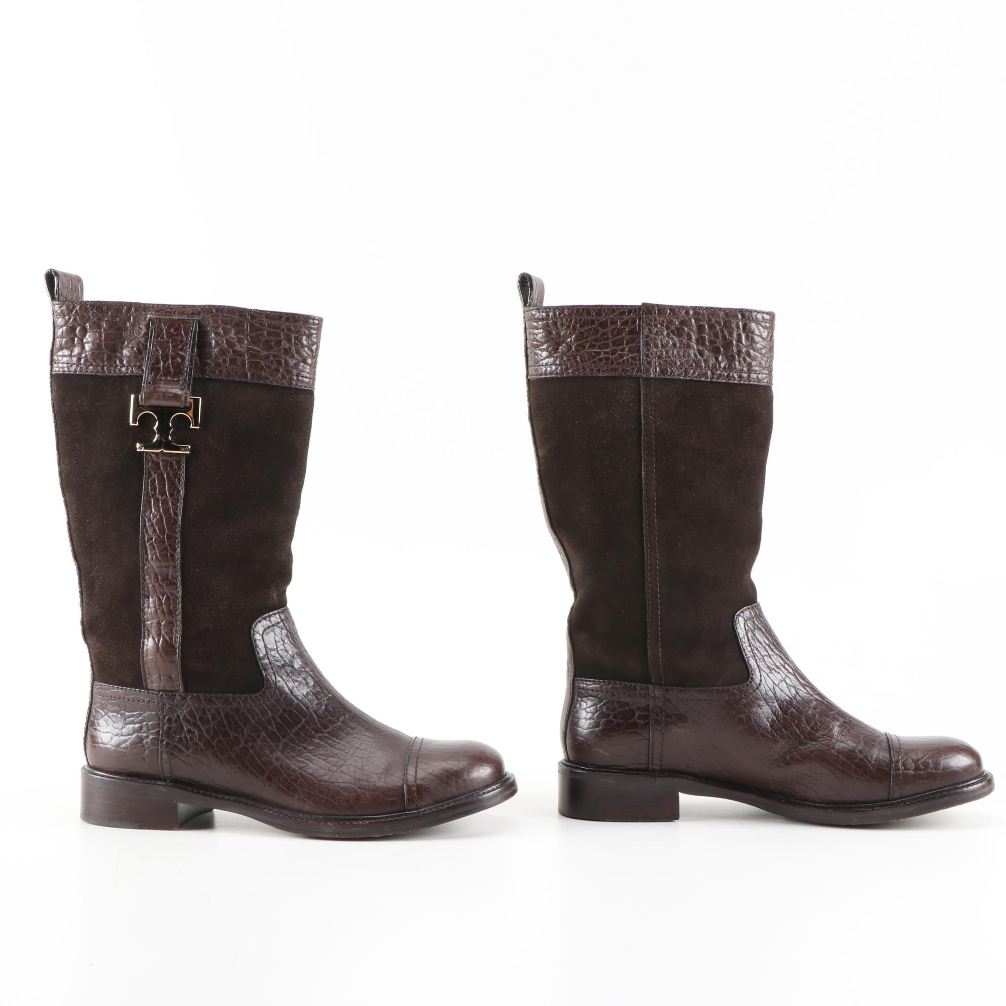 Tory Burch Brown Suede and Textured Leather Logo Boots