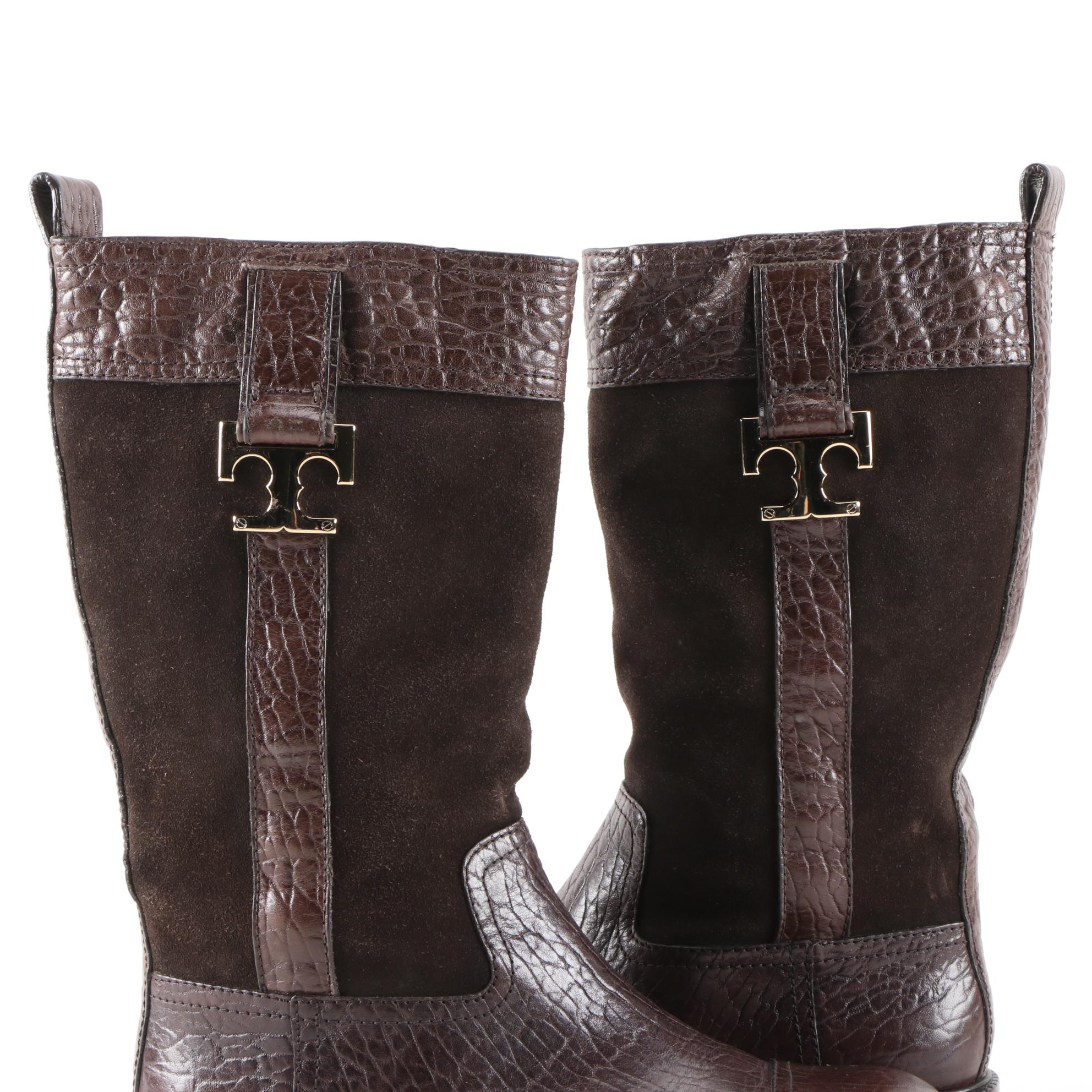 Tory Burch Brown Suede and Textured Leather Logo Boots