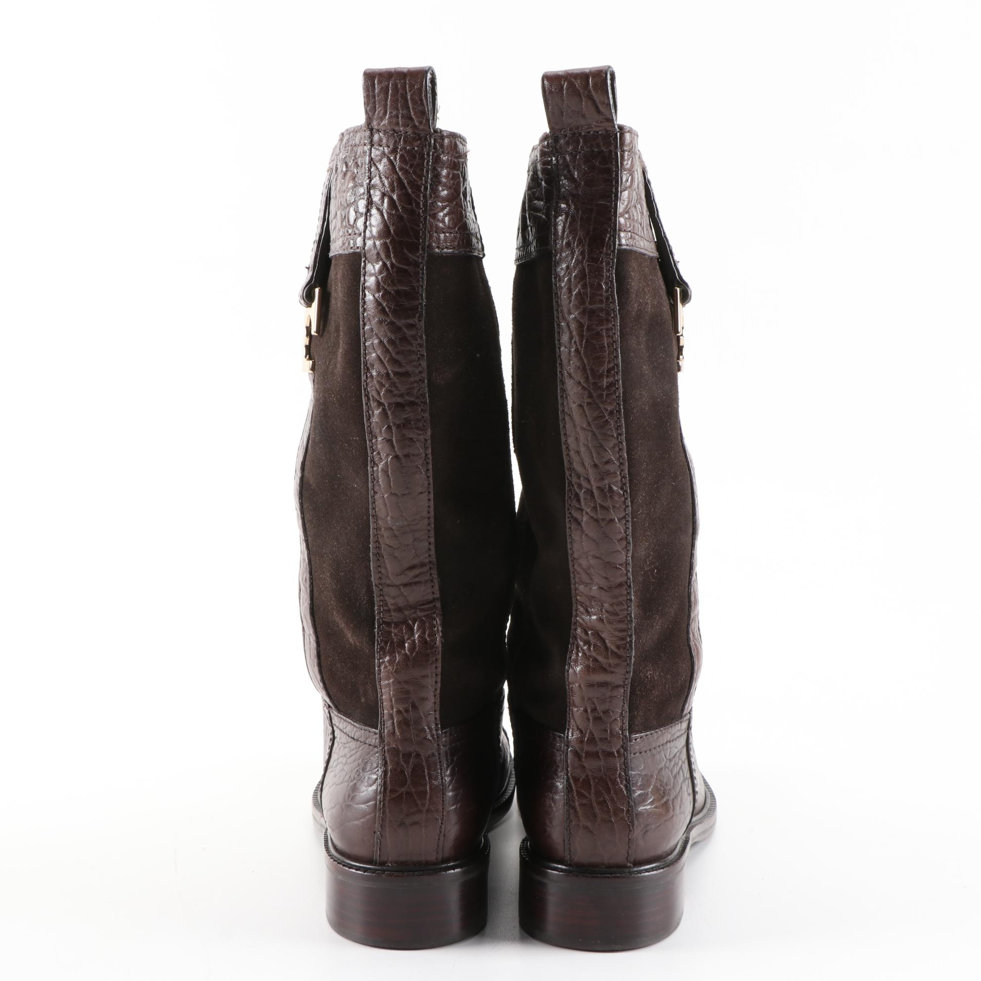 Tory Burch Brown Suede and Textured Leather Logo Boots