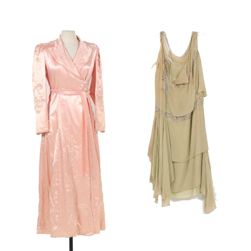 Satin Quilted Embroidery Robe and Art Deco Silk and Rhinestone Dress, Vintage
