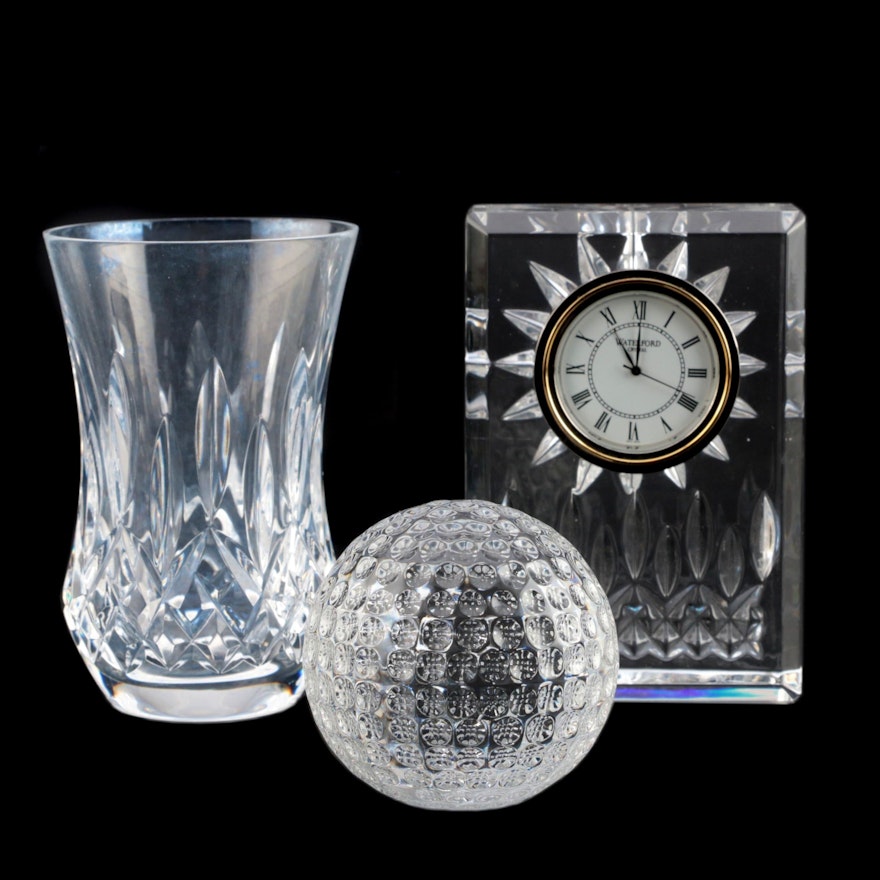 Waterford Crystal "Lismore" Vase and Clock with Golfball Paperweight
