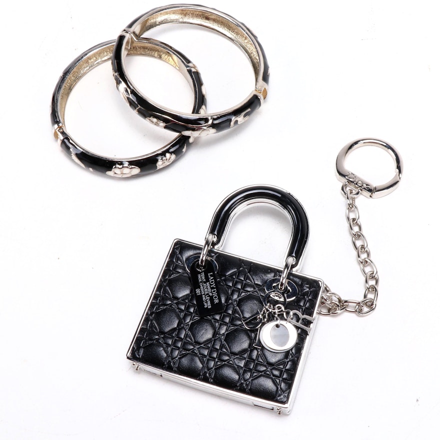 Christian Dior Compact Handbag Key Chain and Enamel Floral Bracelets