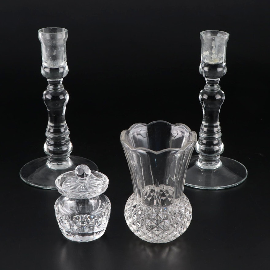 Waterford Crystal Honey Jar with Molded Glass Vase and Glass Candlesticks