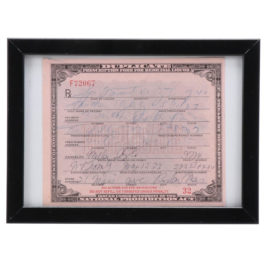 Prohibition Era Prescription for Medicinal Liquor, 1933