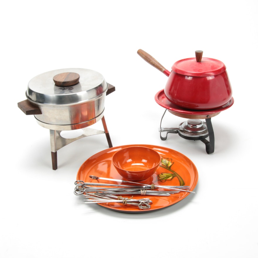Mid Century Modern Fondue Sets Featuring Seiton with Chip and Dip Tray