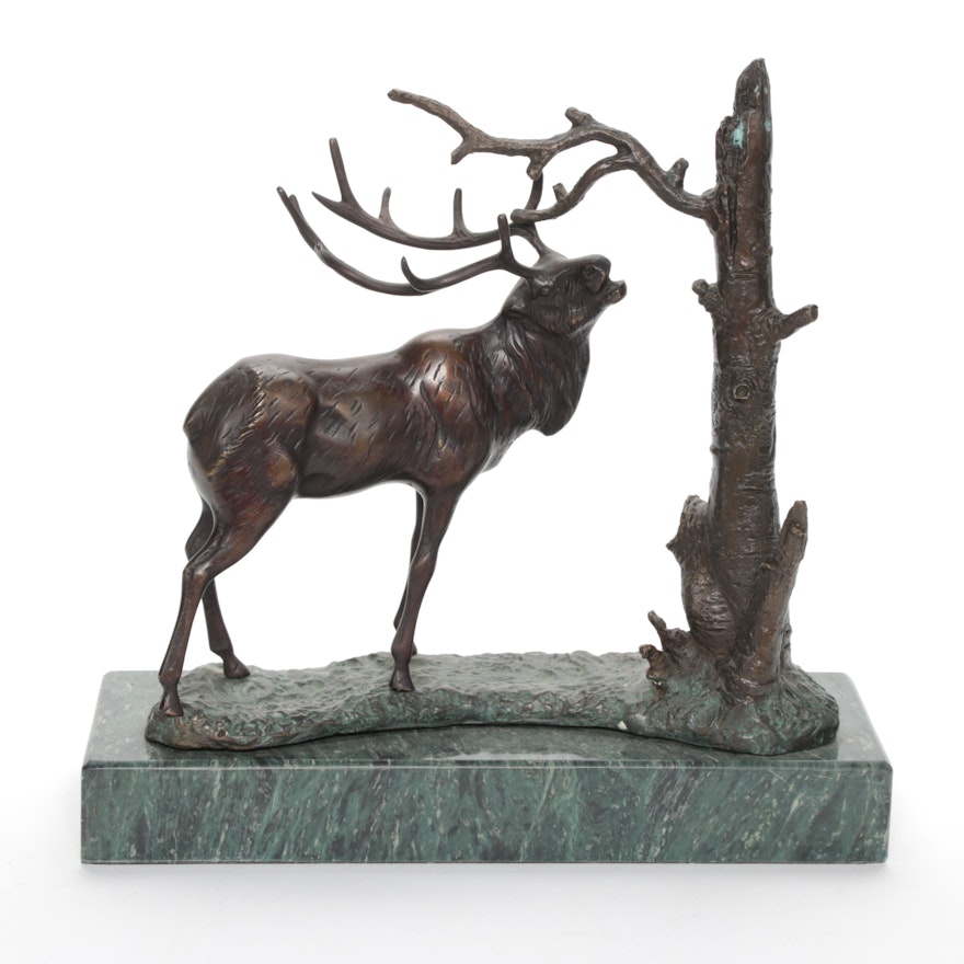 Cast Bronze Bull Elk Sculpture on Marble Base, Late 20th Century