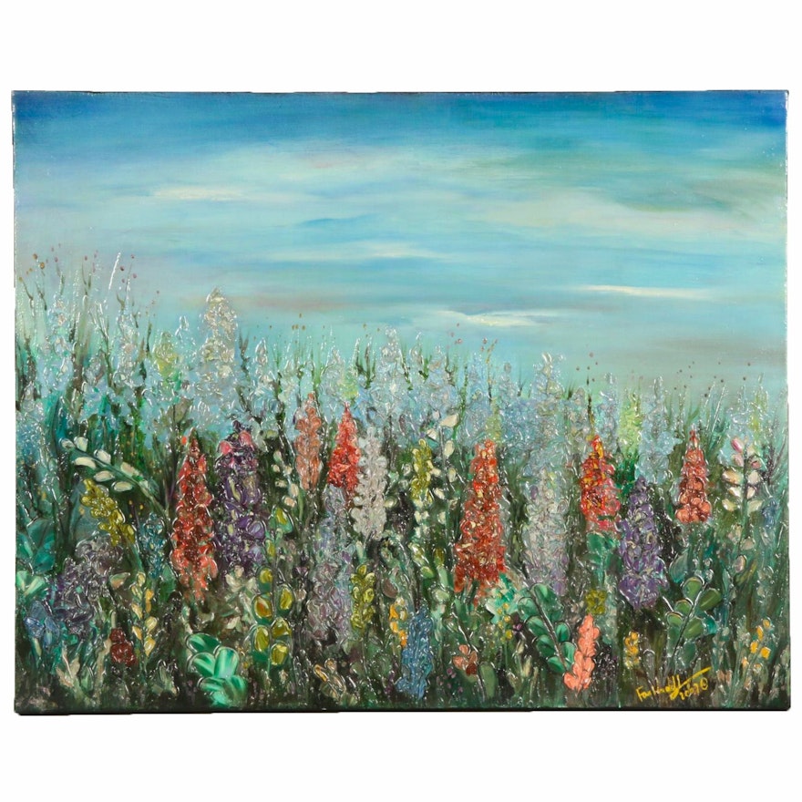 Farshad Lanjani Abstract Field of Flowers Oil Painting