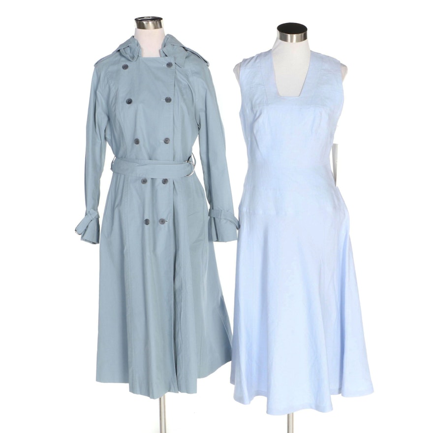 J. Peterman Blue Hooded European Style Raincoat and Square Neck Sleeveless Dress
