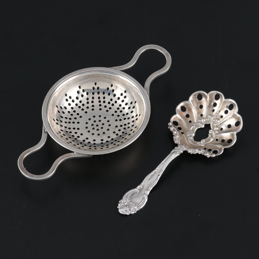 International Sterling Overcup Tea Strainer with American Sterling Pierced Spoon