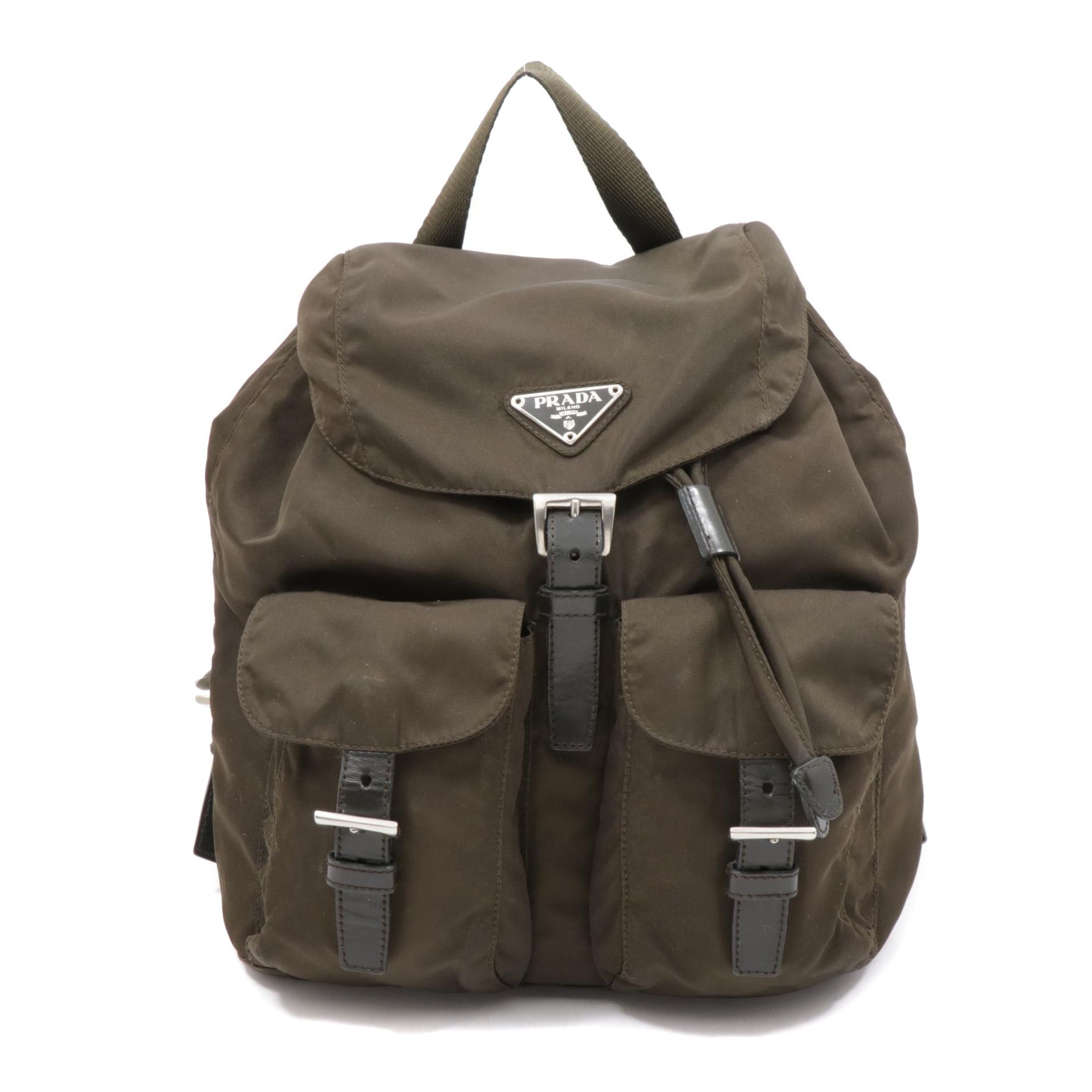 Prada Olive Tessuto Nylon and Leather Mini Backpack Purse