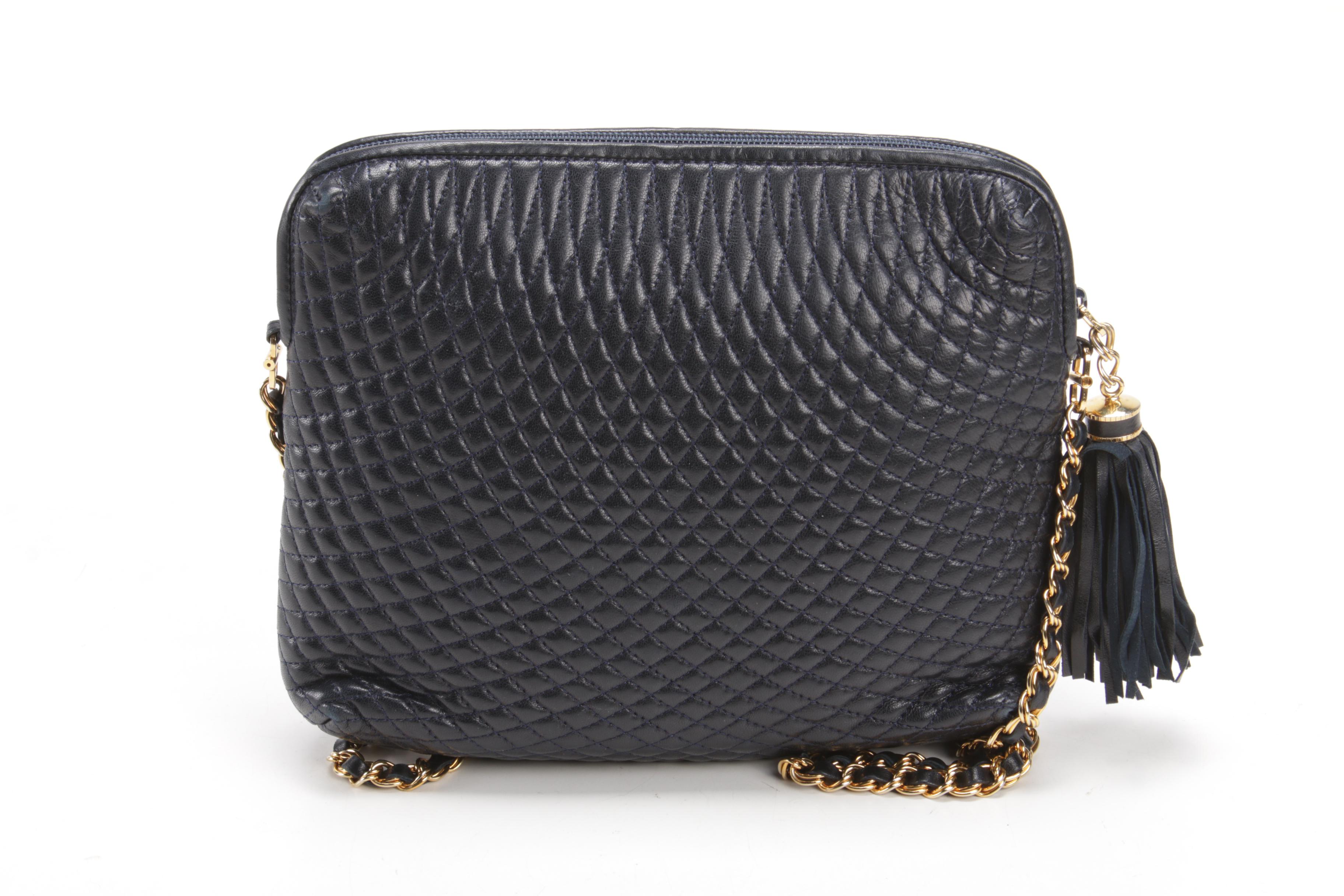 Bally Quilted Dark Navy Blue Leather Crossbody Bag with Tassel