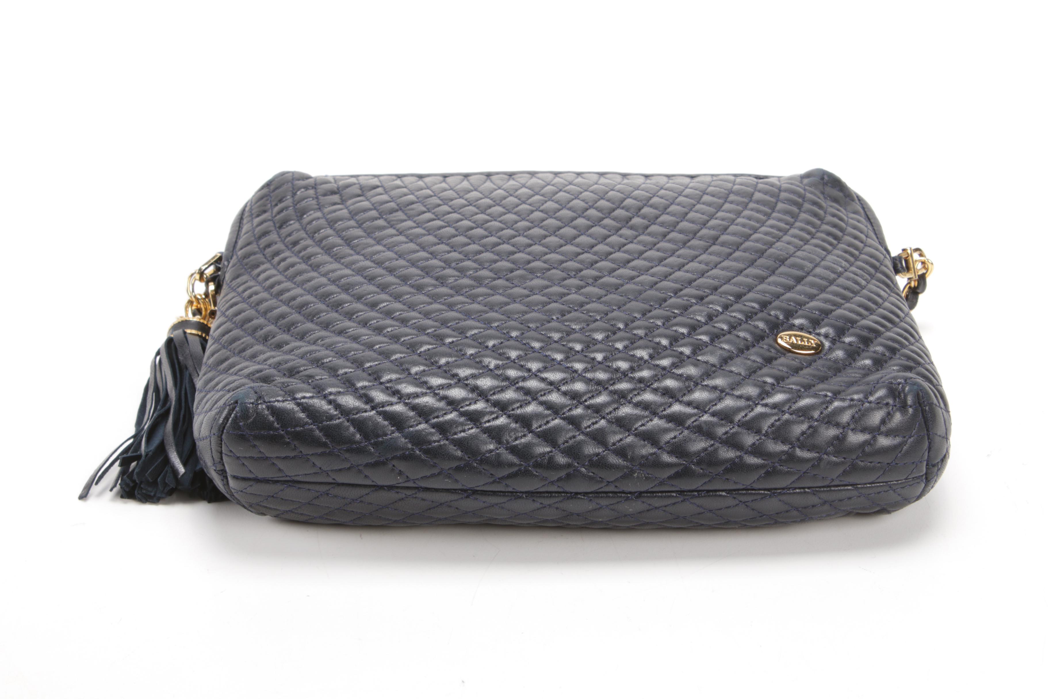 Bally Quilted Dark Navy Blue Leather Crossbody Bag with Tassel