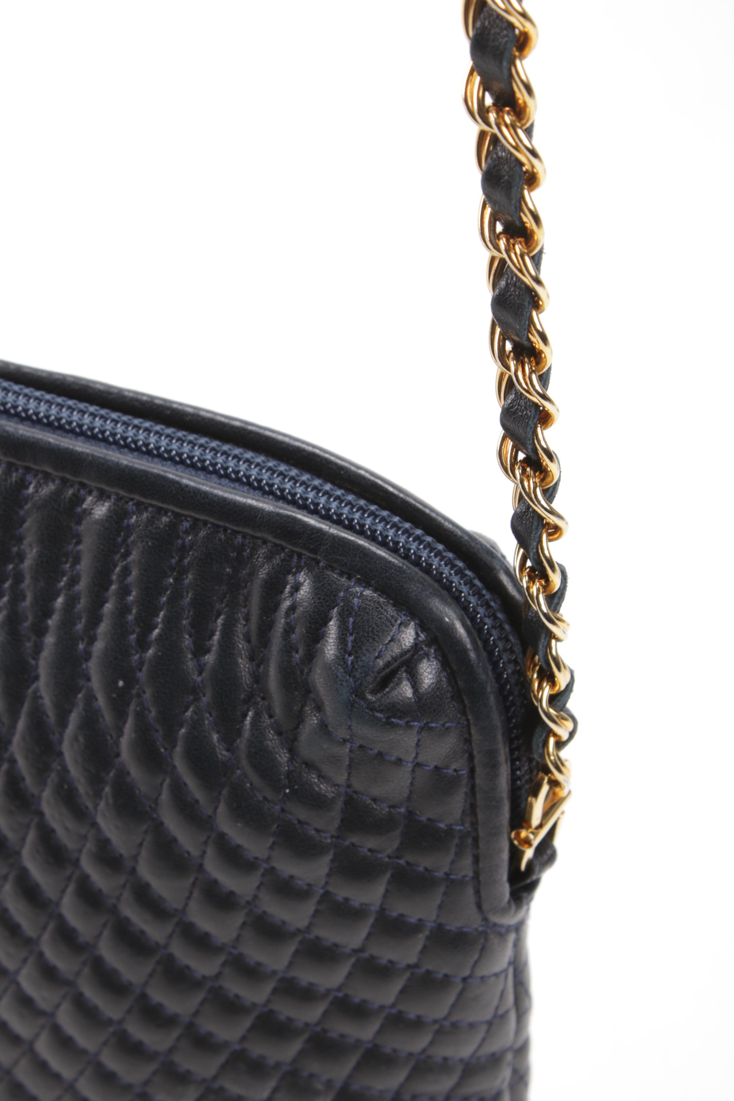 Bally Quilted Dark Navy Blue Leather Crossbody Bag with Tassel
