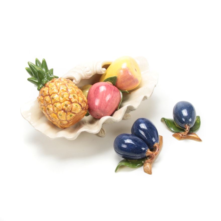 Hand-Painted Ceramic Fruit with Italian Ceramic Shell Dish