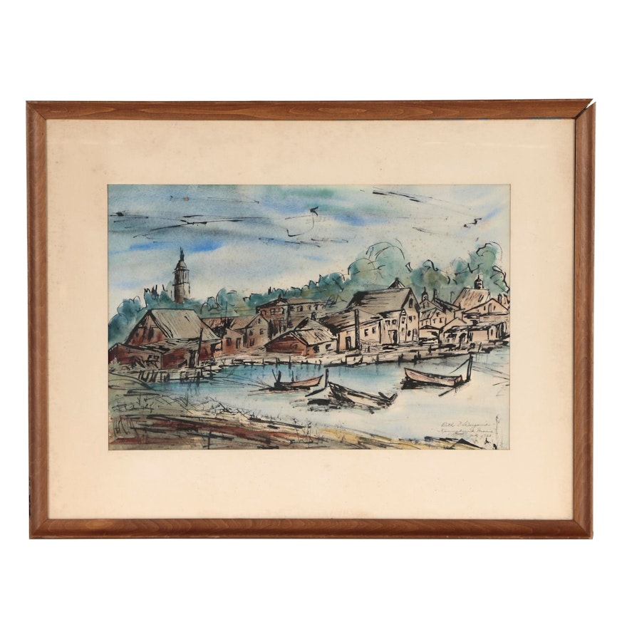 Ink and Watercolor Painting of Harbor Scene, 1962