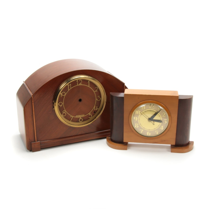 Seth Thomas Art Deco Mahogany Clock Case and United Art Deco Clock