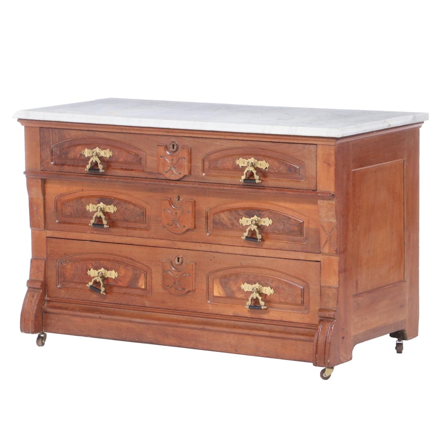 Victorian Walnut, Burl Walnut, and White Marble Low Chest of Drawers