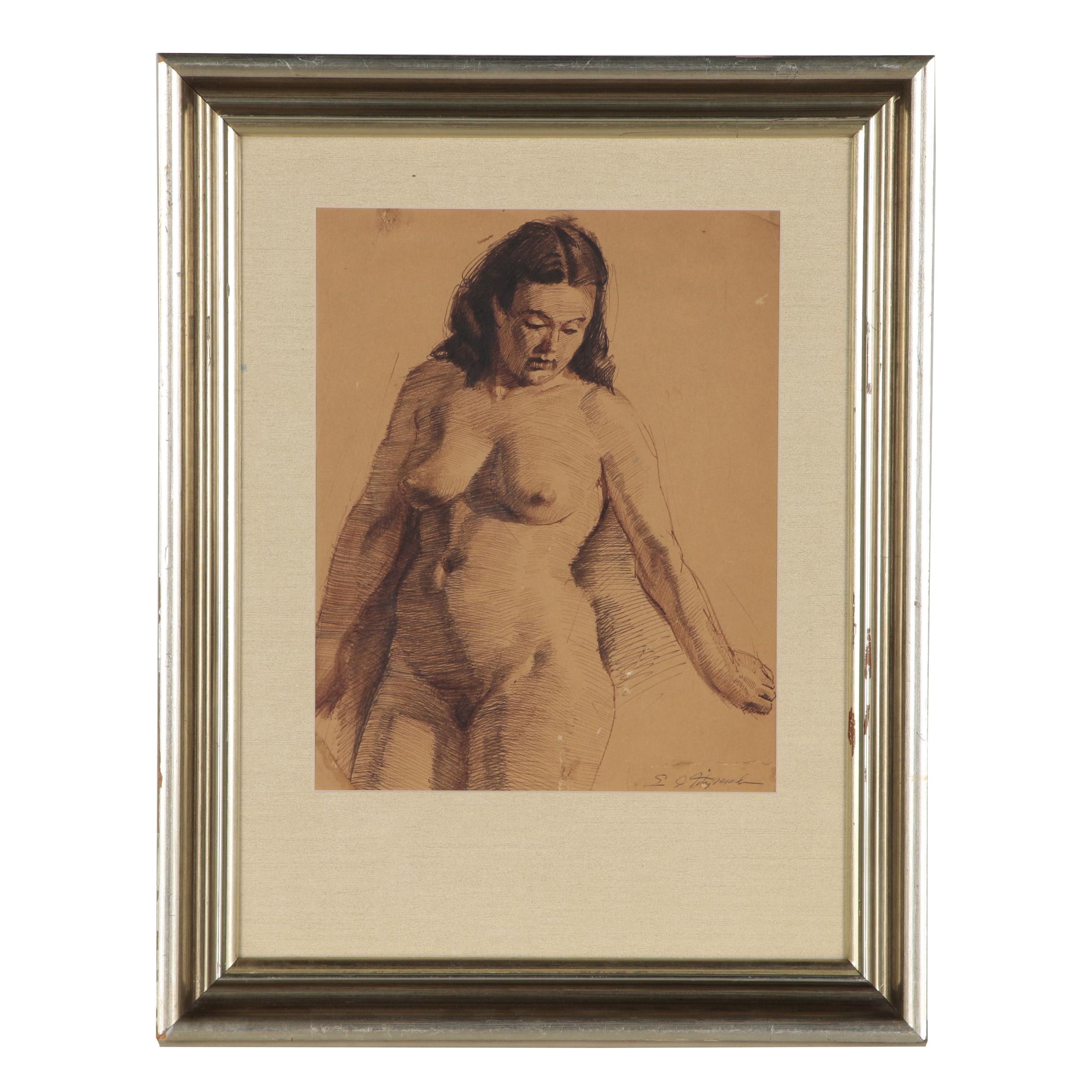 Edmond J. Fitzgerald Pen & Ink Nude Figure Drawing