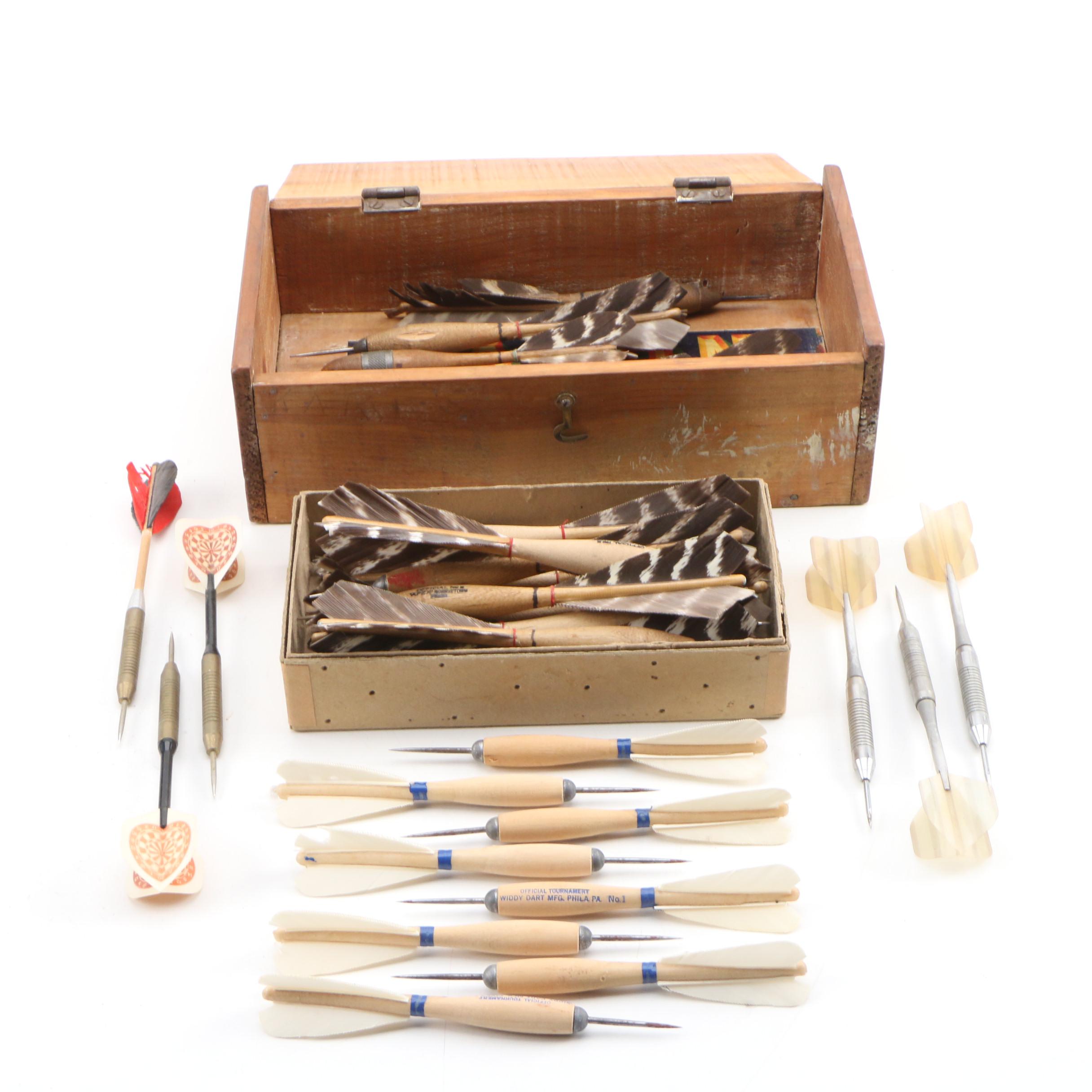Feathered Wood and Metal Throwing Darts Housed in Wood Box, Mid-20th C.