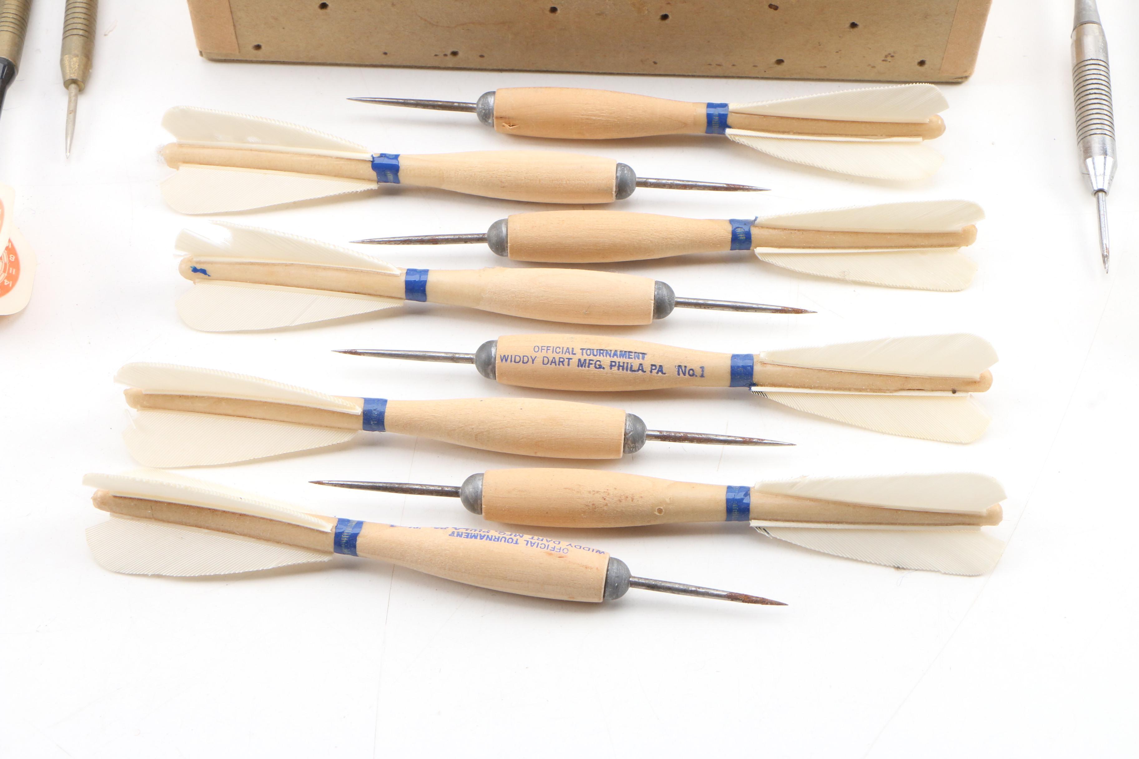 Feathered Wood and Metal Throwing Darts Housed in Wood Box, Mid-20th C.